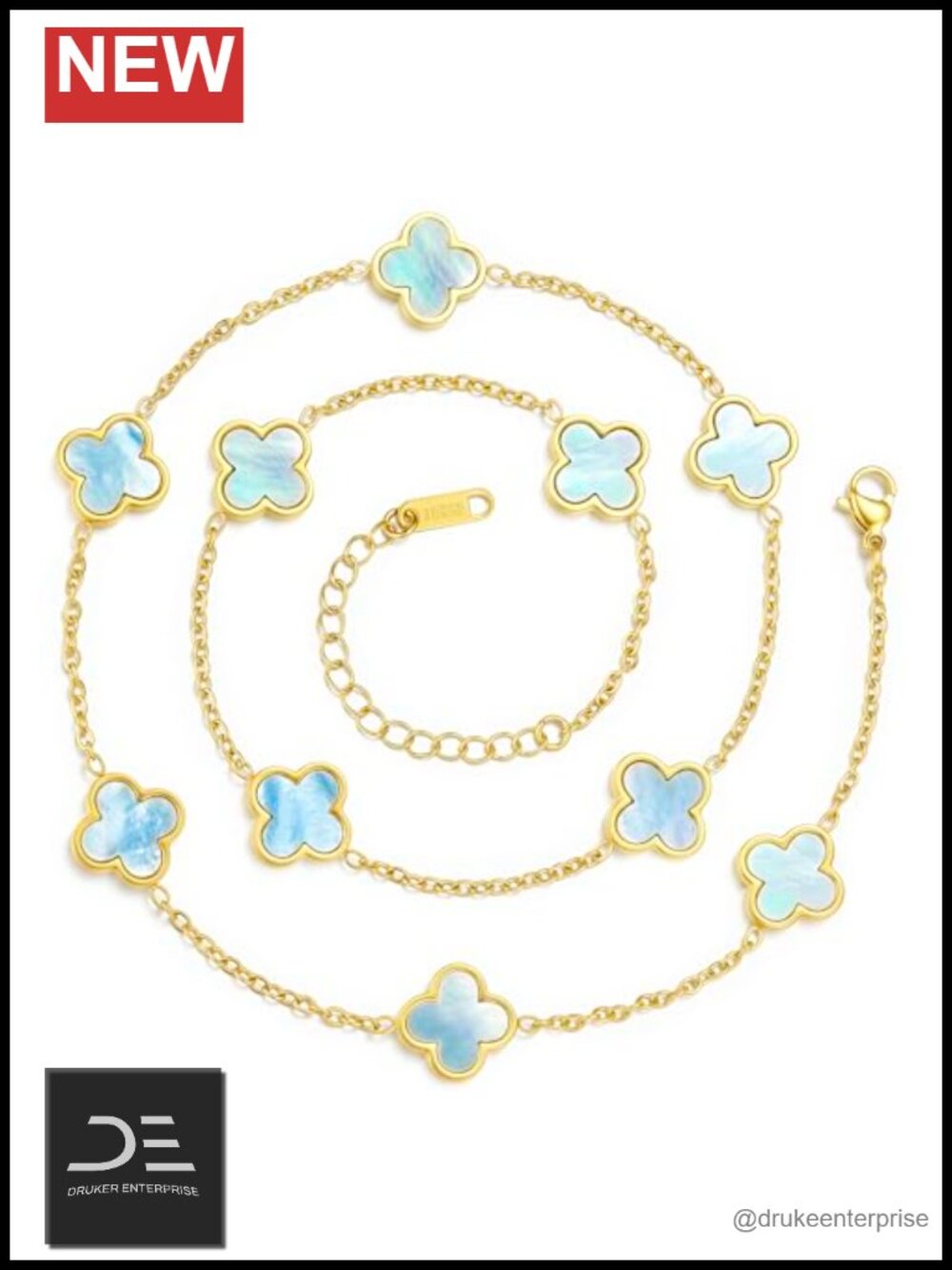 Real Mother of Pearl 4 Leaf Clover Pendant Gold Plated Necklace Stainless Steel